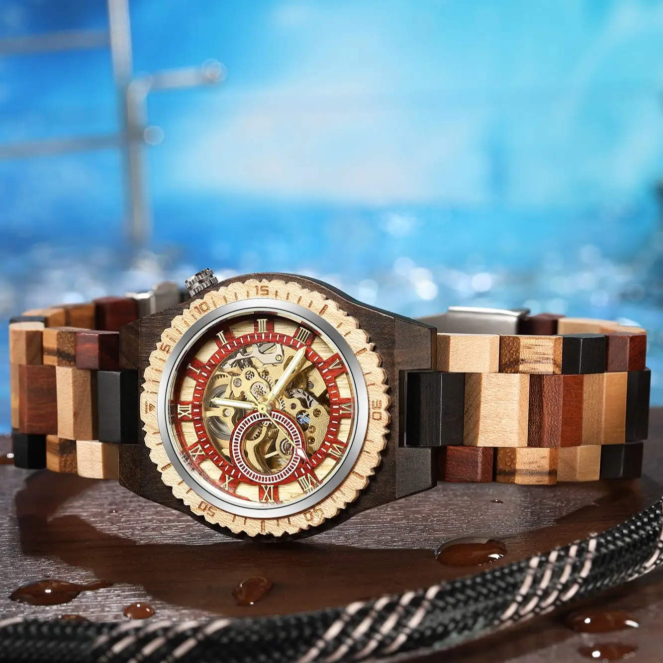 Top Brand Luxury Mens Watches Round Automatic Watch for Men Fashion Wood Clock Adjustable Wooden Bracelet Mechanical Wristwatch
