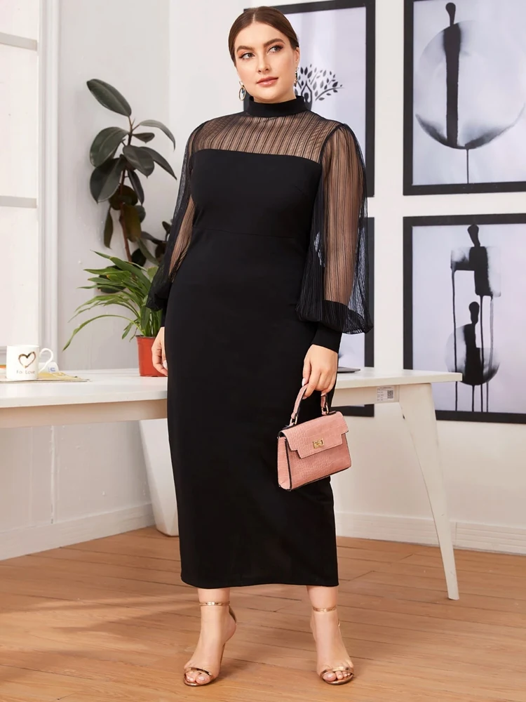 

Plus Size 2022 New Women Spring Autumn OL Commuter Mesh Panel Half Turtleneck See-Through Hip Long Dress