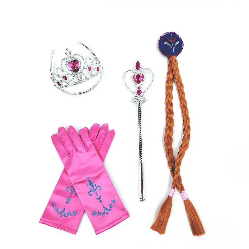 Girls Elsa Anna Accessories Set Kids Party Princess 4 Piece Set Snow Queen Snowflake Magic Wand Tiara Crown Gloves Wig Braid