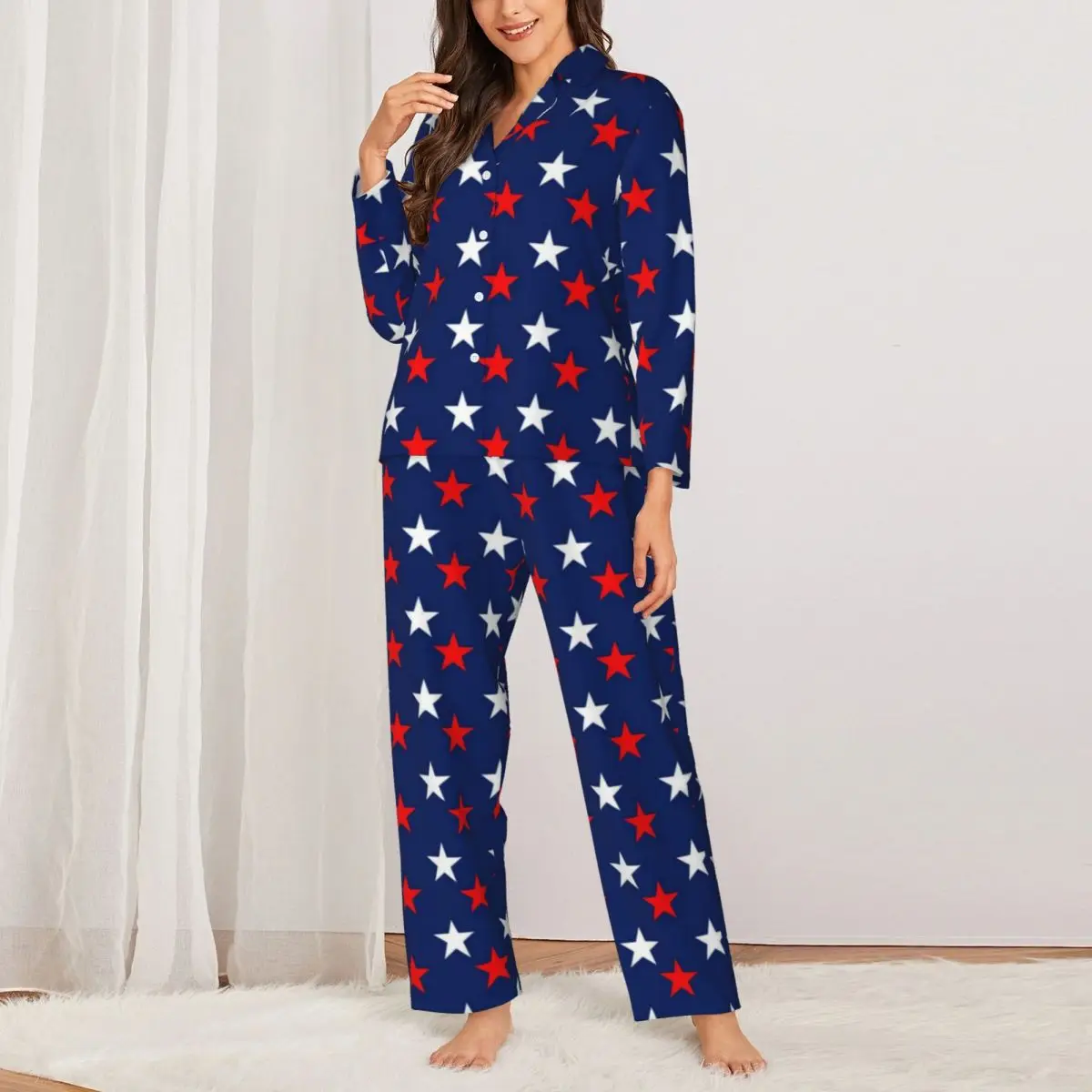 

Пижамный комплект с красными и белыми звездами, теплая Пижама на День Независимости, Женская свободная пижама с длинным рукавом, домашний костюм из двух предметов большого размера