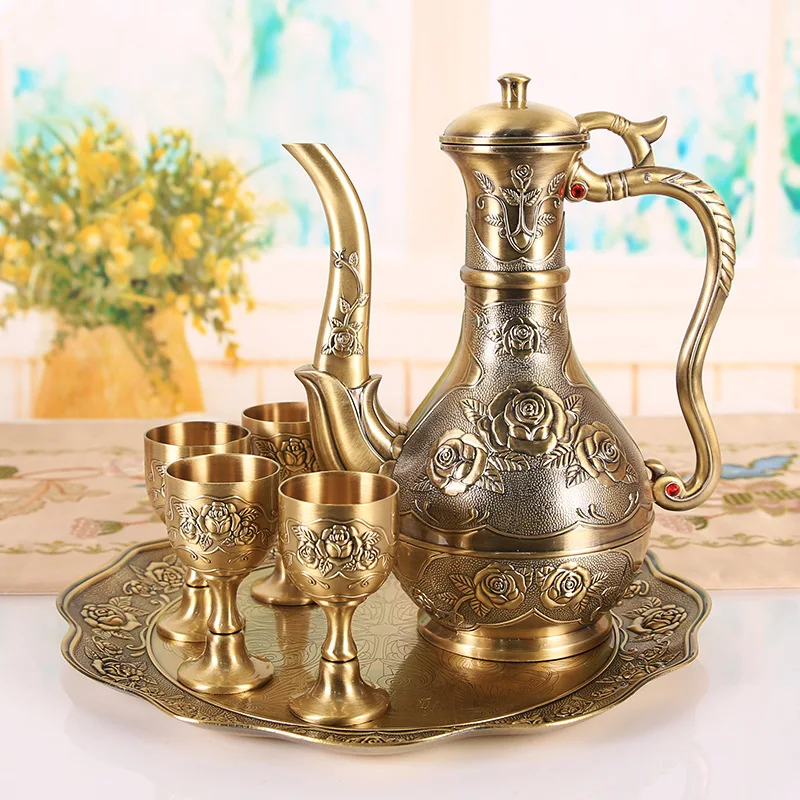 European Style Metal Wine Set, Home Meal Supplies Decoration Luxury Rose Zinc Alloy Liquor Flask Small Wine Cups, Tray, 6Pcs Set