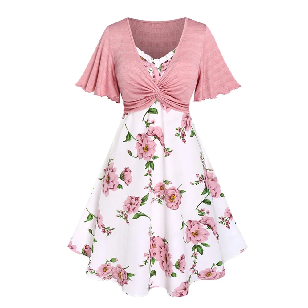 

ROSEGAL Plus Size Women Dresses Twisted Plunging Crop Top And 3D Flower Printed Spaghetti Strap Dress Vestidos 5XL