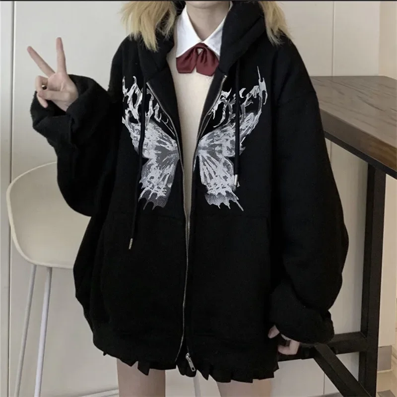 

Y2k Clothes Hoodies Women Autumn Winter Hip Hop Zipper Butterfly Aesthetic Hooded Sweatshirt Female Goth Punk Coat