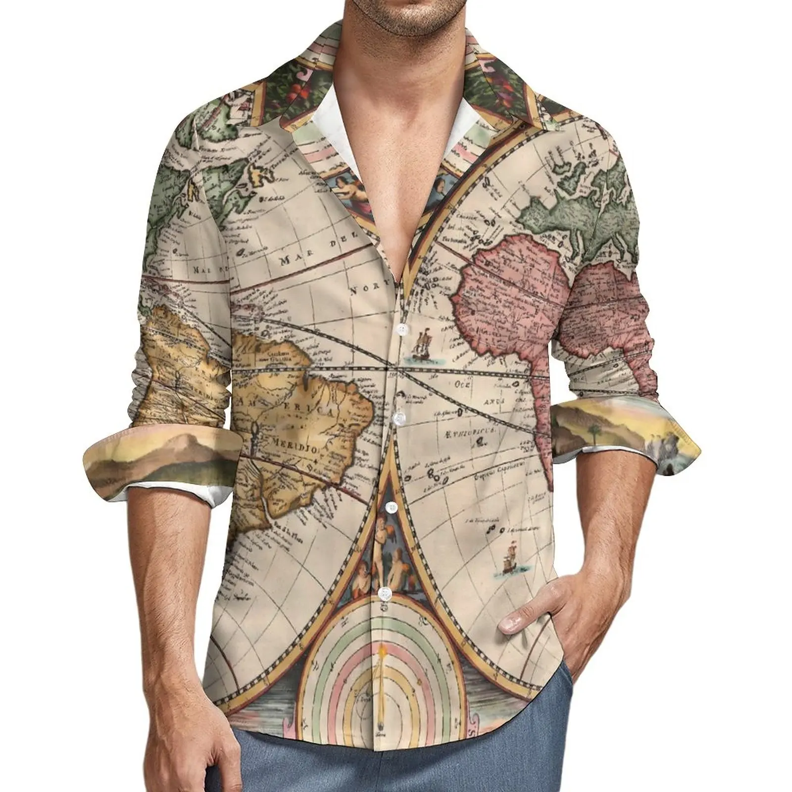 

World Map Shirt Two Hemispheres Casual Shirts Long Sleeve Printed Aesthetic Blouses Autumn Loose Oversized Clothing