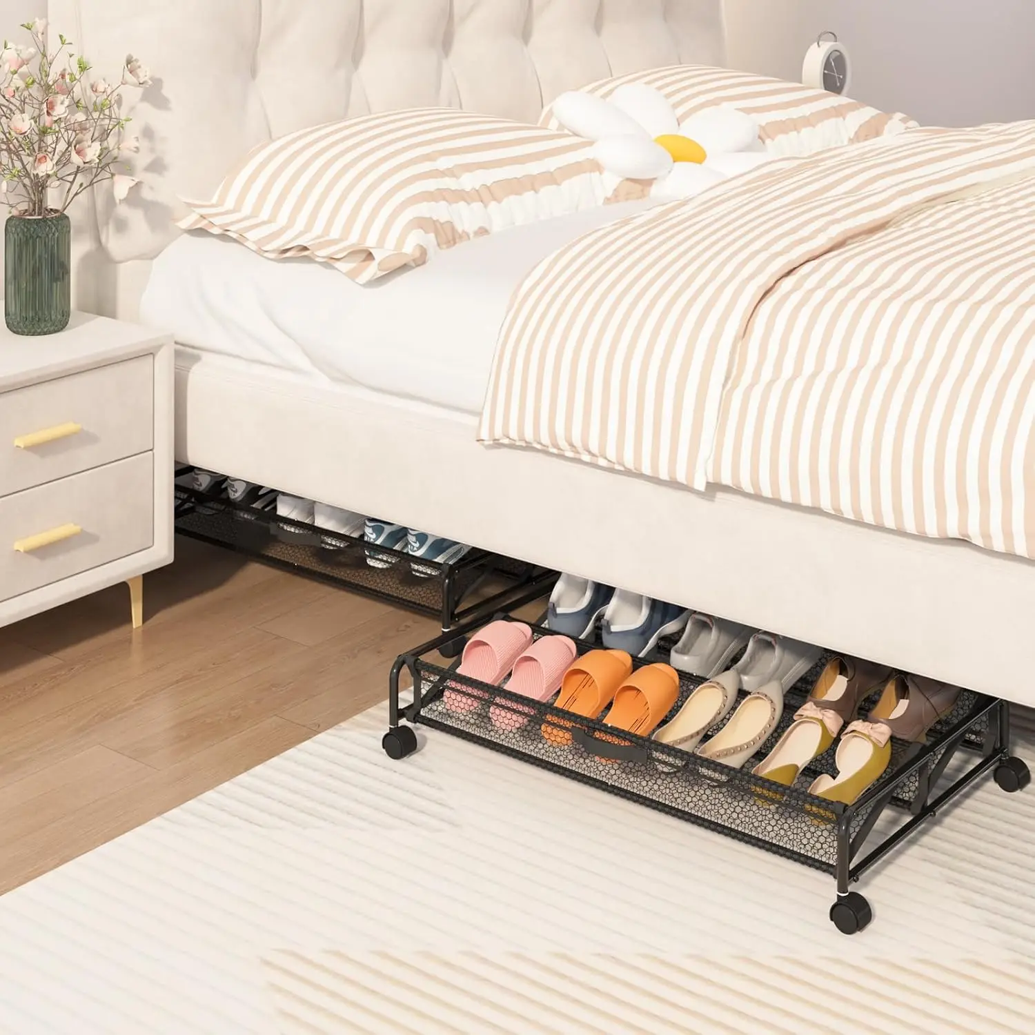 Under Bed Shoe Storage with Wheels, 2 Pack Rolling Under Bed Storage Containers for Shoes Metal Shoe Rack Organizer