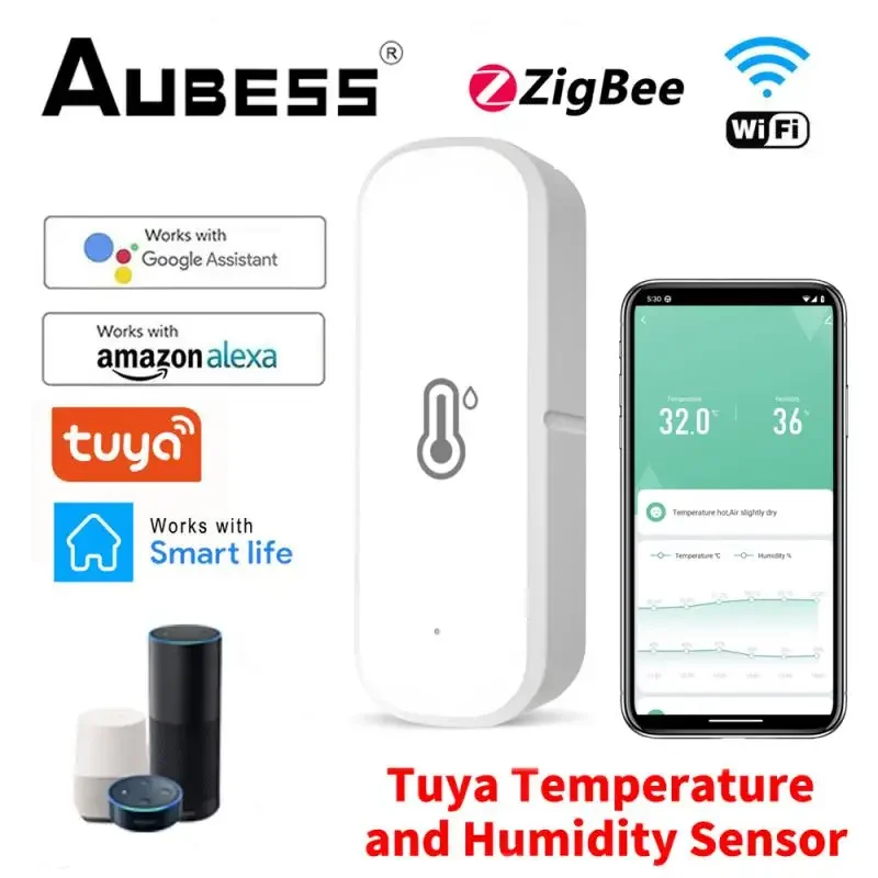Aubess Tuya WiFi/ZigBee Temperature Humidity Sensor Smart Life Remote Monitor For Smart Home Work Via Alexa Google Assistant