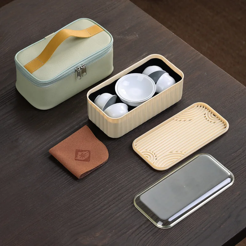 

Портативный дорожный чайный сервиз, набор для хранения на открытом воздухе с подносом для чая, одним горшком и тремя чашками, набор аксессуаров для чая кунг-фу