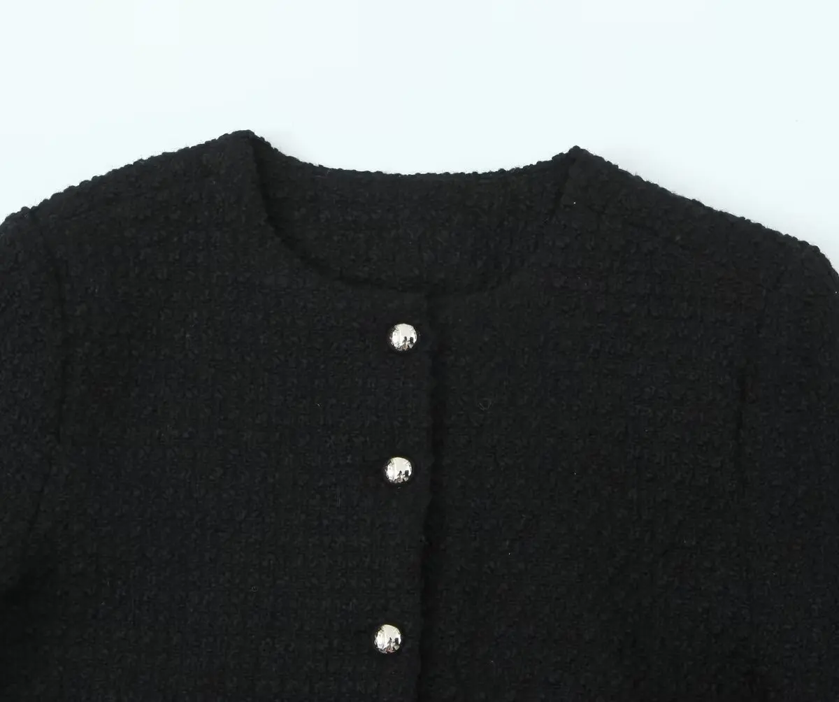 Autumn O neck Soft Woolen Black Tweed Coat Cropped Vintage Women Silver Buttons Full Sleeve Short Blazer Elegant Jacket