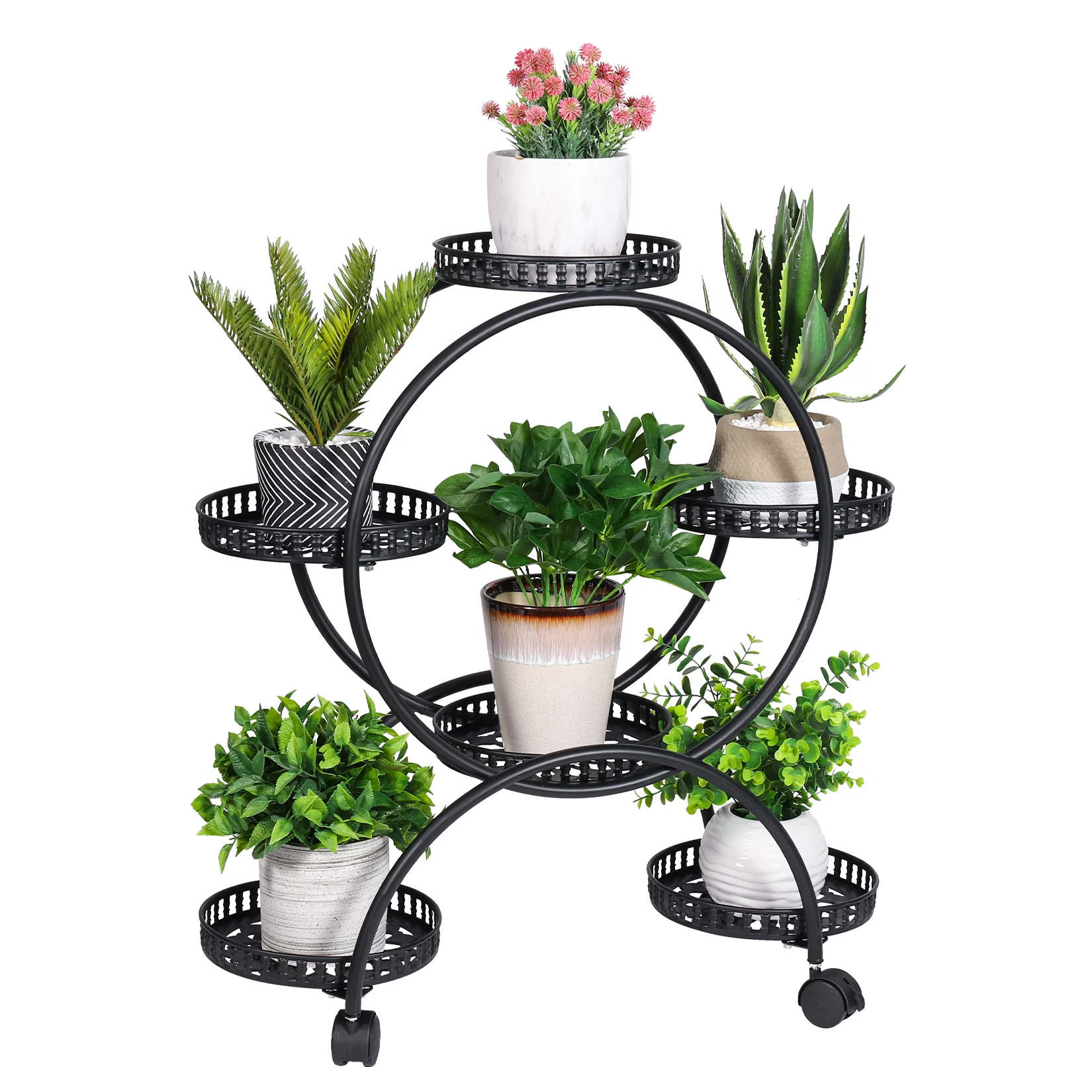Rolling Metal Plant Stand Flower Storage Shelf Holder Lockable Wheels