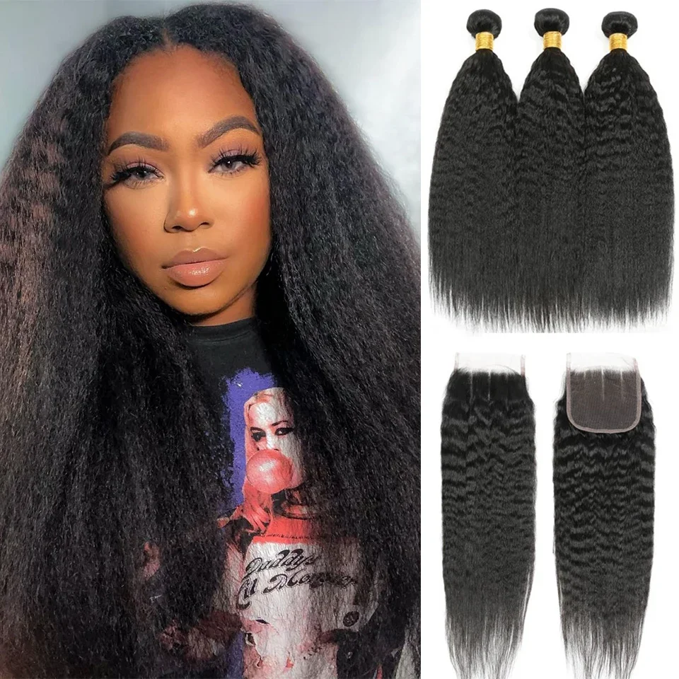 Long 32 38 40Inch Remy Kinky Straight Human Hair Bundles With Lace Closure Yaki Straight Bundles Hair Weft With 4X4 Lace Closure
