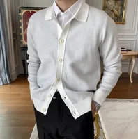 2023 Spring Autumn New Cotton Knitted Cardigan Slim Long Sleeve Button Korean Men's Fashion Lapel Sweater Simple Casual Coat 1