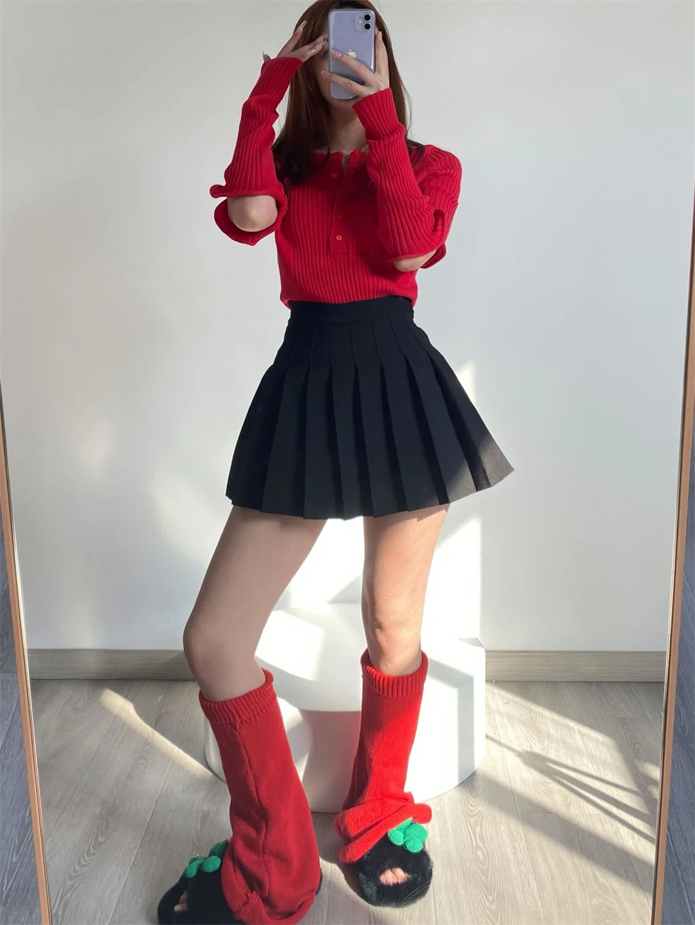 Women's Red Leg Warmers Long Wool Knitted Foot Cover Fashion Winter Leggings Socks Japanese Y2K Boot Cuffs Cosplay Accessories