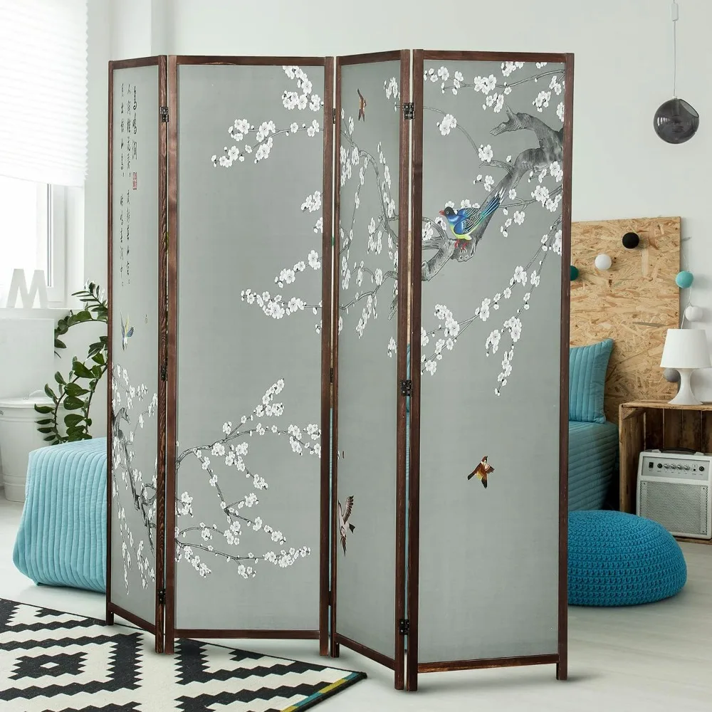 Asian-Inspired Cherry Blossom and Bird Folding Room Divider with Poetry Calligraphy on Brown Wooden Frame