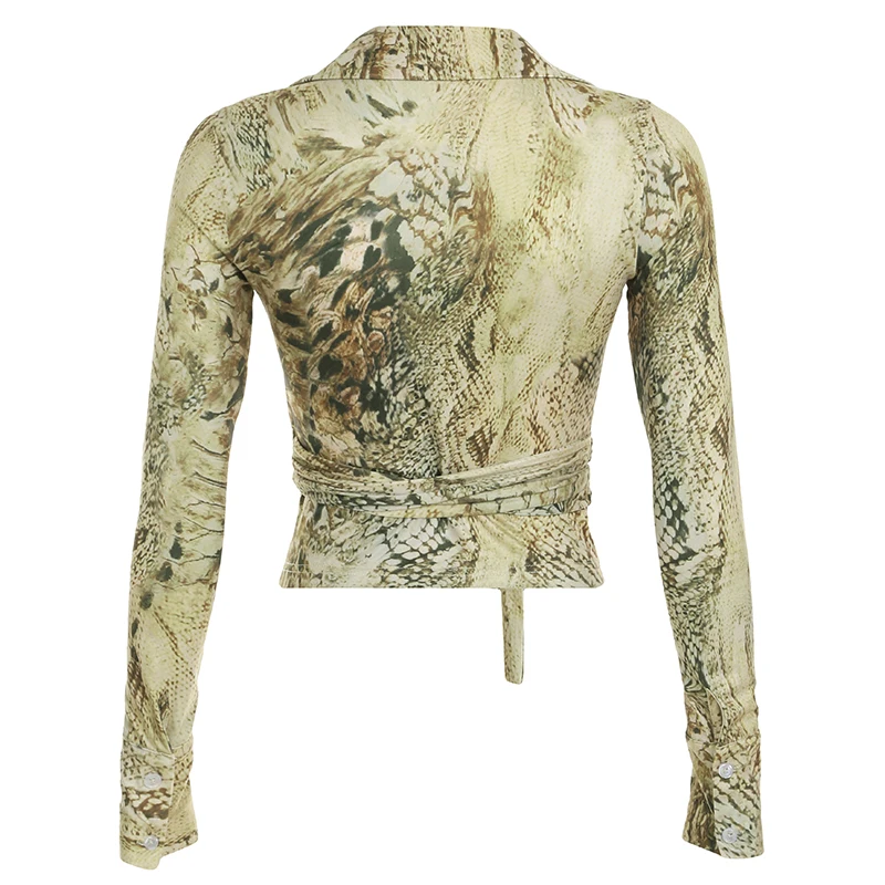 Abstract Print Side Waist Strap V-neck Crop Top Fashion Y2K Women Slim Long Sleeve Tee Aesthetic Vintage Shirt Spring