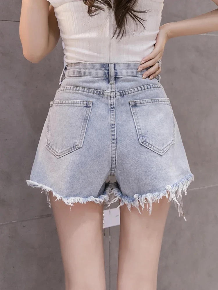 Fashion Denim Shorts Women's 2024 Summer New High Waist Loose Slimming Diamond-Embedded Wide-Leg Trendy Feminine Denim Hot Pants