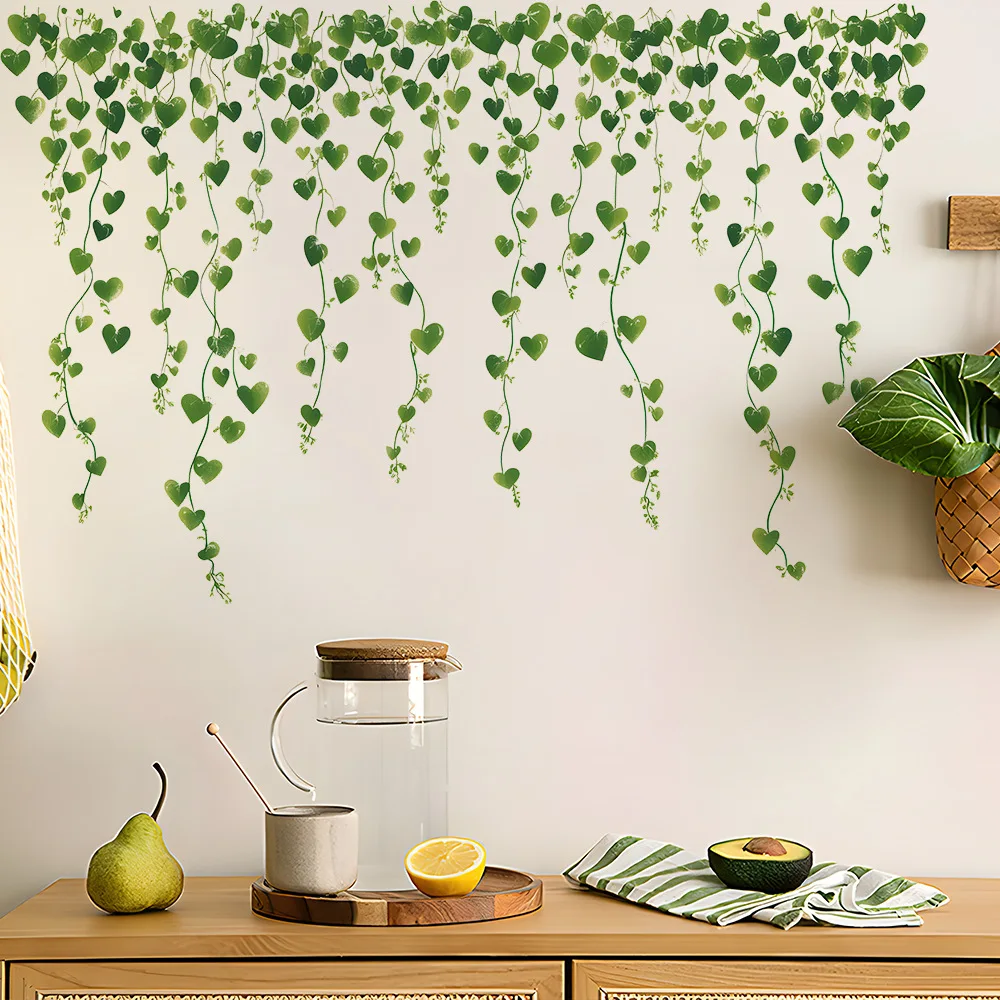Plants Wall Stickers Green Leaves Vine Wall Decals, Watercolor Botanical Wall Art for Living Room, Bedroom, Office Decor