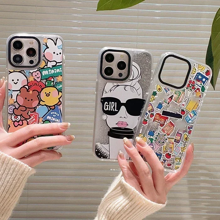 Transparent Border Quicksand Cartoon Animal Sunglasses Girl iPhone 12 13 14 15 Pro Max Case - Protective iPhone Case