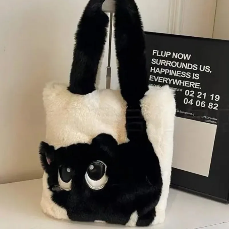 Cute Cartoon Women's Bag Color Contrast Embroidery Cat Pattern Tote Bag Commuter Rabbit Hair Plush Handbag Women's Shoulder Bag
