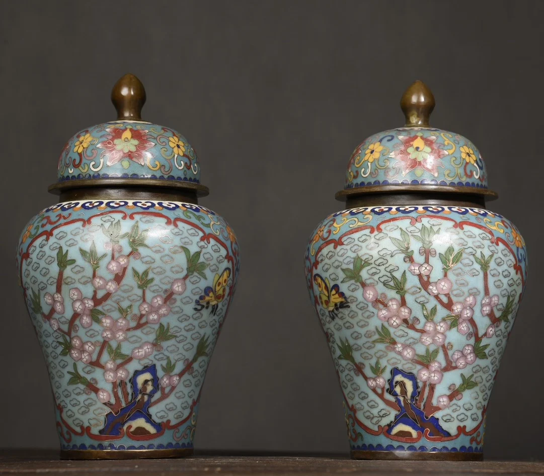

10"Tibet Temple Collection Old Bronze Cloisonne Enamel Floral pattern General tank Bottle Jar A pair Town house Exorcism
