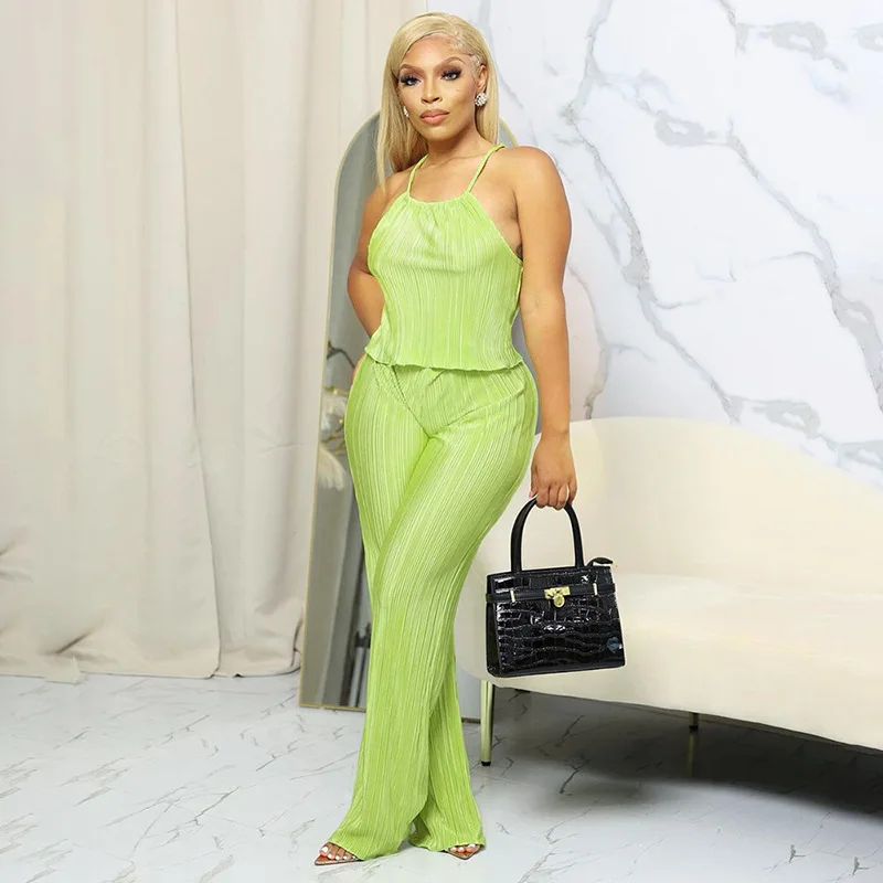 Casual Pleated Two Piece Set Cami Loose Crop Top Wide Leg Pants Ruched 2 Pieces Set Office Lady Streetwear Luxury Women Clothes