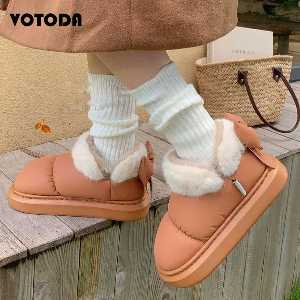 Winter Women Cute Warm Ankle Boots Outdoor Non-slip Thick Sole Snow Boots Furry Bow Cotton Shoes Men Pu Waterproof Plush Boots