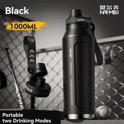Insulated Stainless Steel Sports Water Bottle with Handle - 1L Capacity - 1.0L (1000ml BLACK)