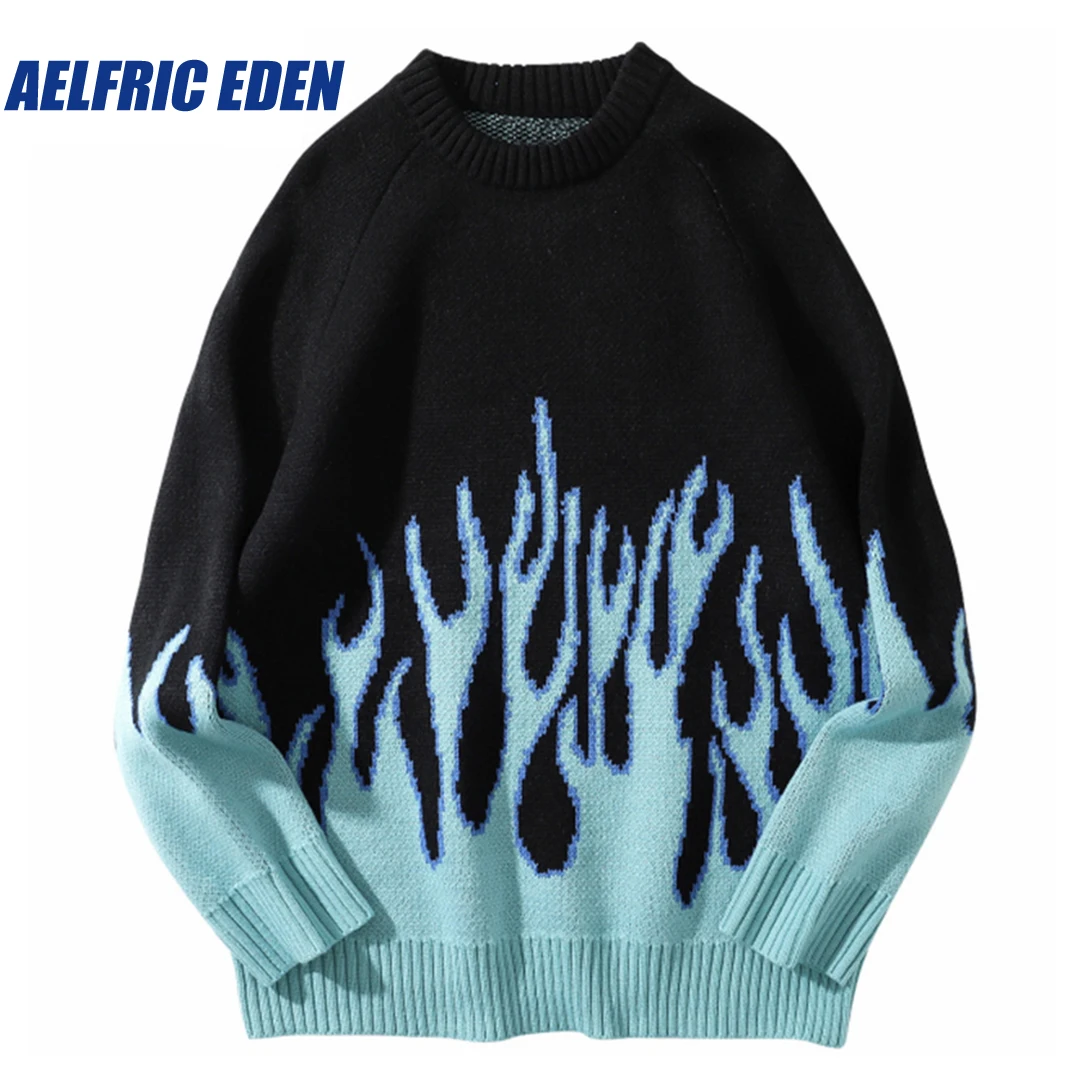 2023 Autumn Hip Hop Streetwear Harajuku Knitted Sweater Blue Fire Flame Mens Sweater Pullover Loose HipHop Retro Vintage Cotton