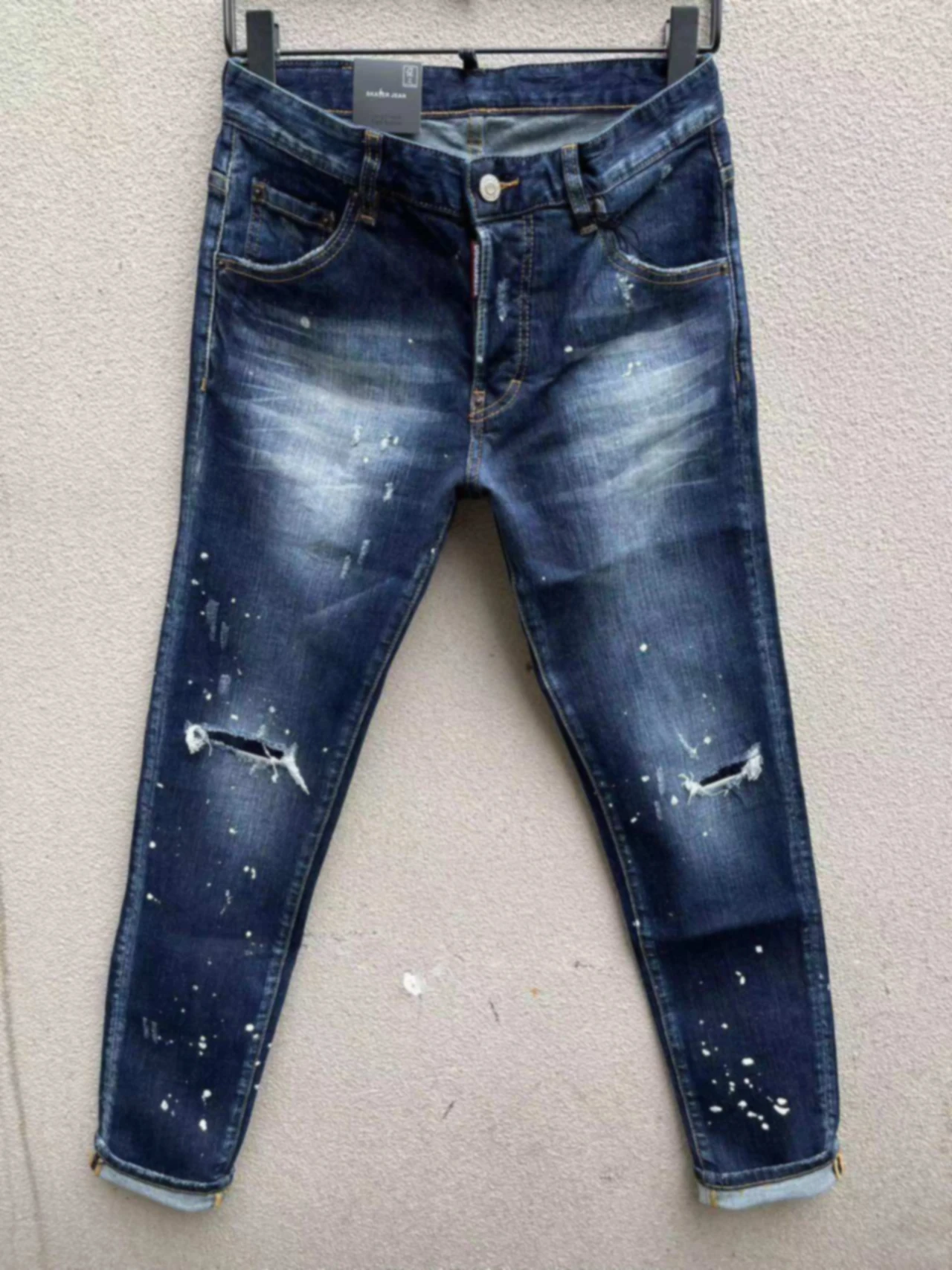 

2023 New Jeans Men's d2 Jeans Slim Fit Small Feet Casual Deep Blue Wash Zipper Decoration Slight Elastic Wear
