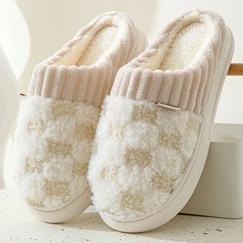 Fashion Couple Winter Toe Wrap Warm Plaid Cotton Slippers Thick Soft Sole Slides Men Women Indoor Floor Flat Home Non-slip Shoes 5