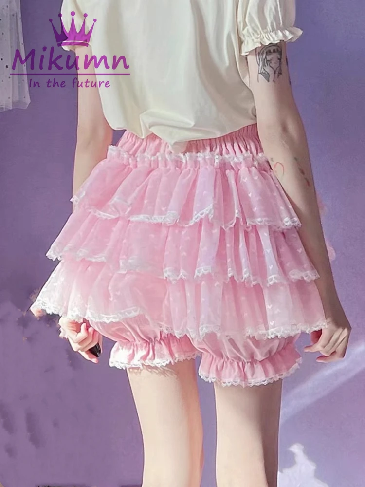 Mikumn Harajuku Sweet Lace Shorts Skirts Y2k Japanese Lolita Kawaii JK Ruffles Bloomers Women Elastic Waist Safety Short Pants
