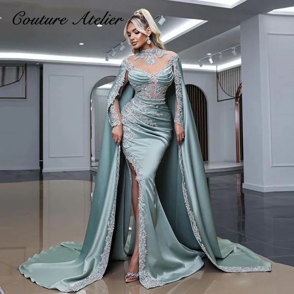 

Luxious Elegant Long Sleeve Satin Evening Gowns Saudi Arabia Lace Applique Mermaid Wedding Dress Beaded Side Split Party Dresses