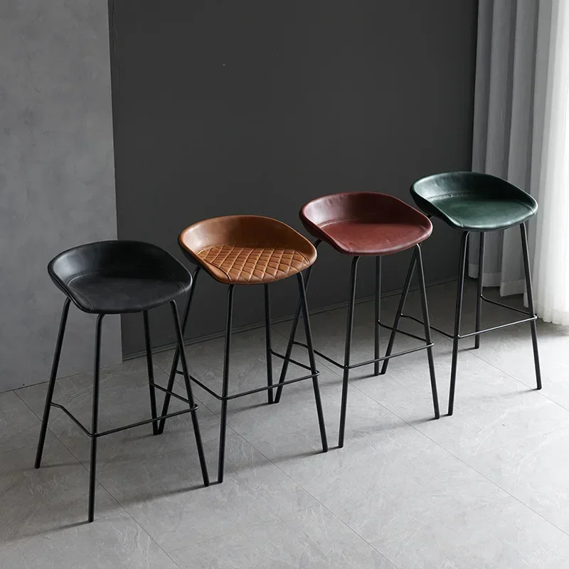 European Style Industrial Leather Art High Chair Bar Chair New Chinese Style Back Iron High Stool Front Desk Cashier 75cm
