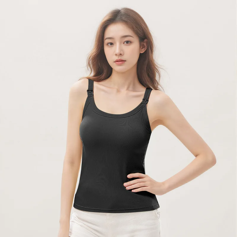 고정 컵이 있는 임산부용 골지 코튼 실크 캐미솔, 수유 및 레이어링을 위한 스타일리시한 수유 탱크탑