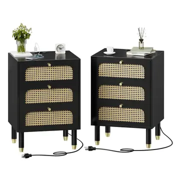 Black Rattan Nightstand Set 1