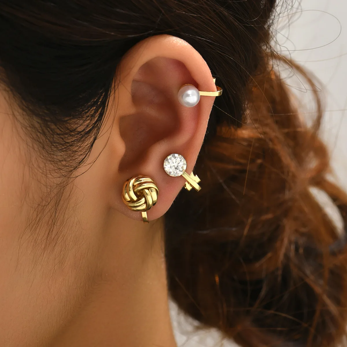 3 Pcs Vintage Pearl Rhinestone Metal Clip On Earrings Set For Women