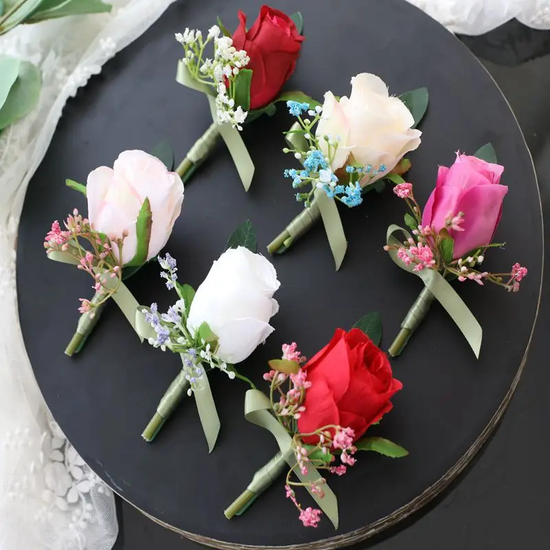 

Classic Rose Flowers Boutonnieres Wrist Corsage for Wedding Bridesmaid Groomsman Accessories Marriage