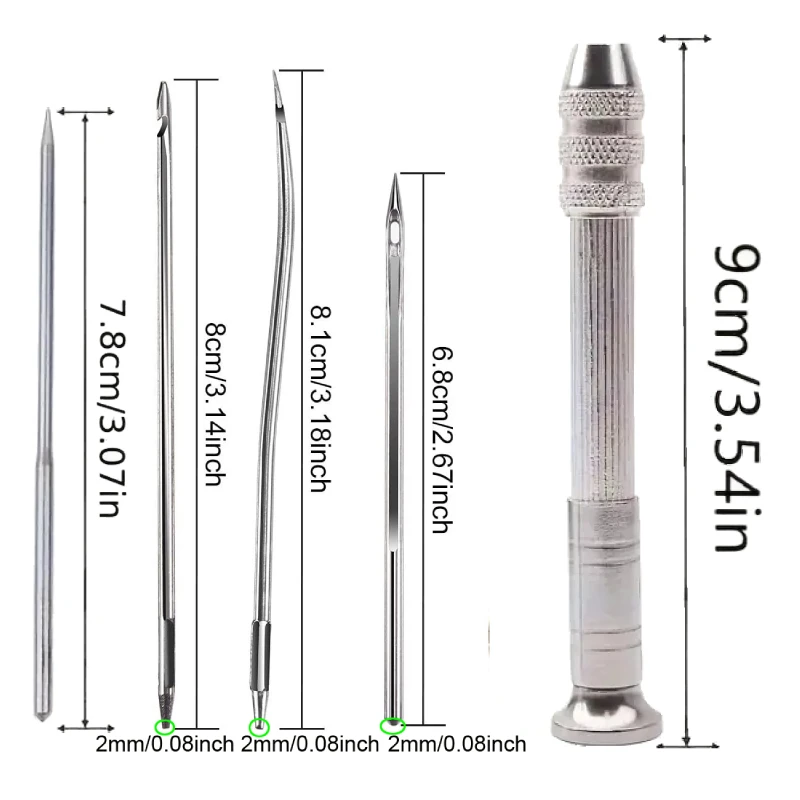 Lædersyknivsæt lagt ud med håndtag og nåle