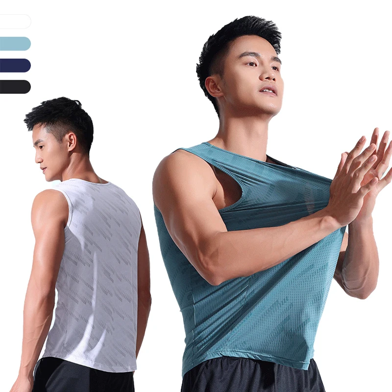 

Men Gym Shirt Nylon Spandex Training Sports Sleeveless Shirt Quick Dry Fitness Tank Top Running Workout Basketball Men T Shirt