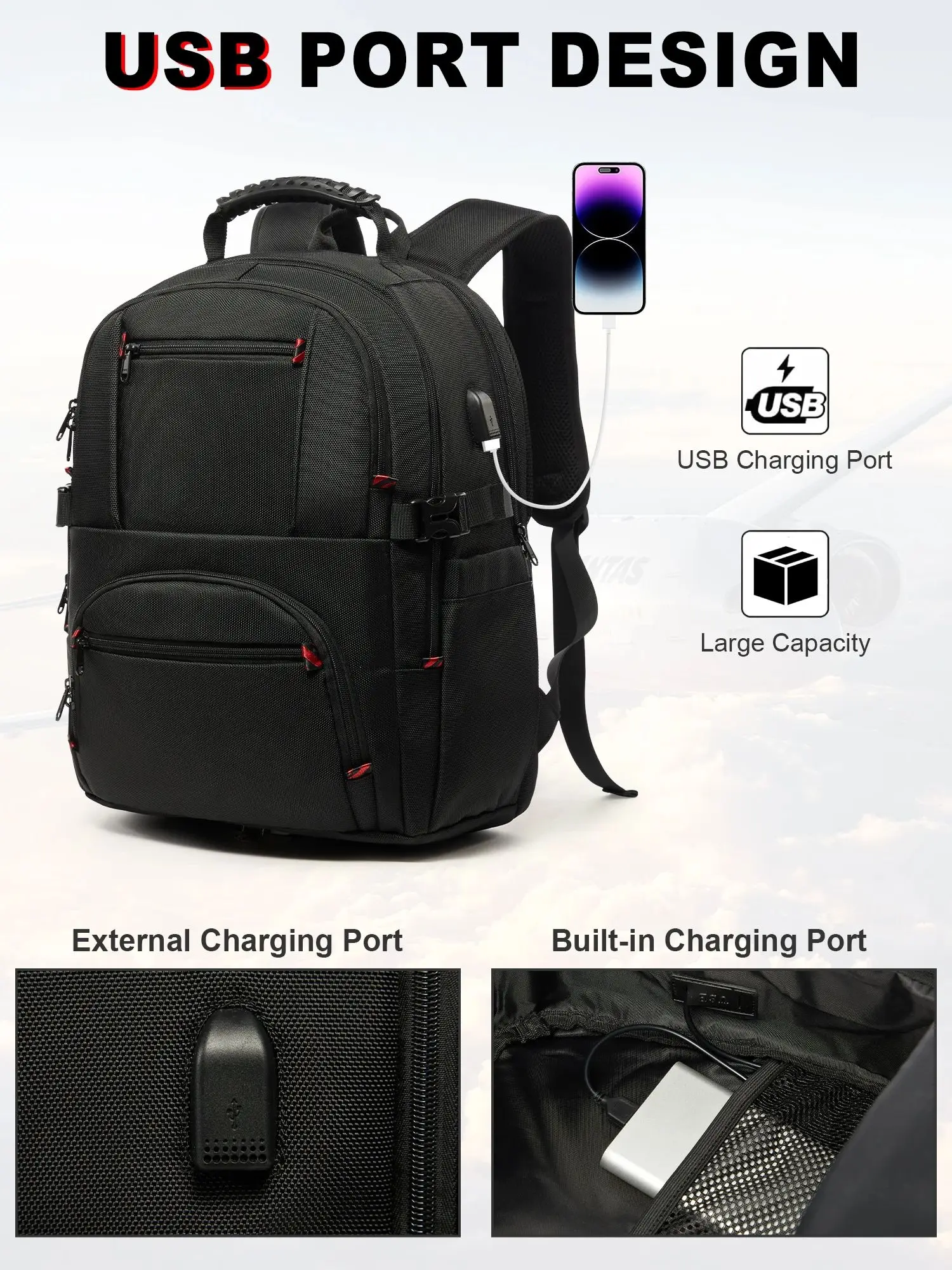 50L Extra Large Laptop Backpack with USB Charging, Travel Backpack for Men Women, Carry Backpack 17inch Black Executive Work Bag 2