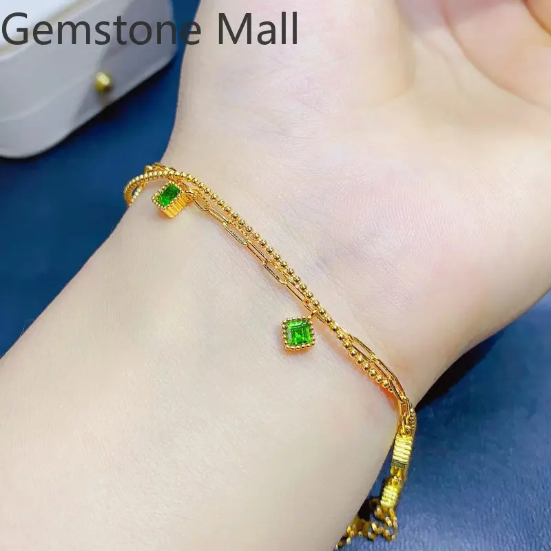 

Fashion Silver Diopside Bracelet for Daily Wear 3 Layers Natural Diospide 925 Silver Bracelet 18K Gold Plating No Fading