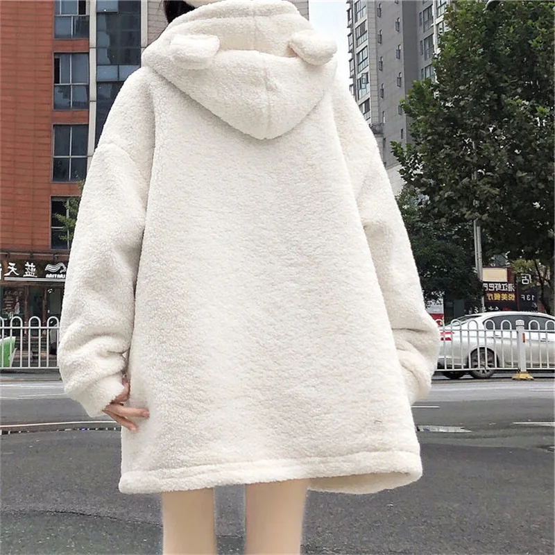 Japanese Academy Style Cute Little Bear Lamb Wool Top 2023 Autumn Winter Women New Plush Thickened Loose Gentle Coat Hoodies Y2k