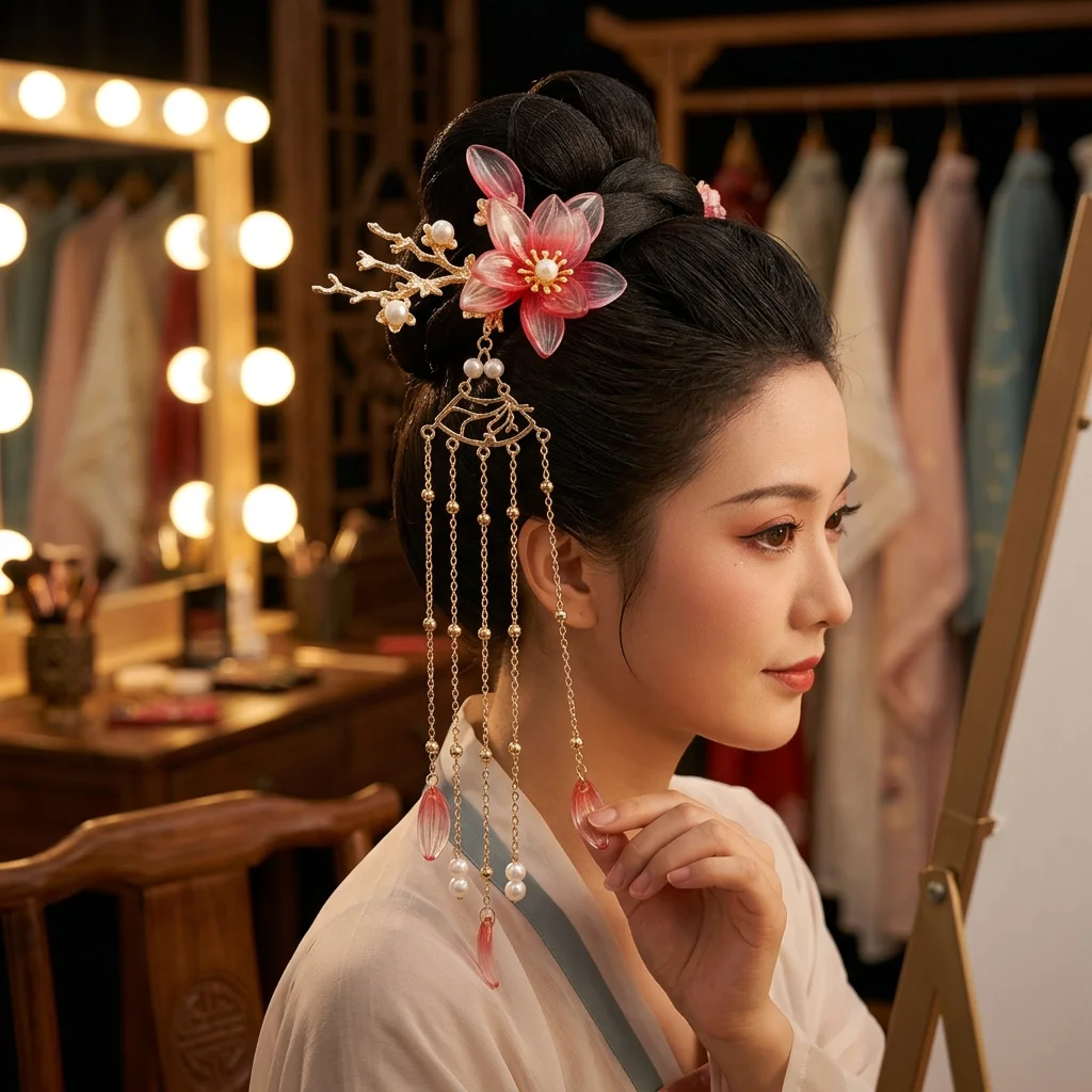 Chinesischer Blumen-Haarstab im Vintage-Stil, handgefertigt, Hanfu-Haarknoten mit Quasten-Haarspangen, Haarnadel, Braut-Kopfschmuck für Mädchen – Detail 7