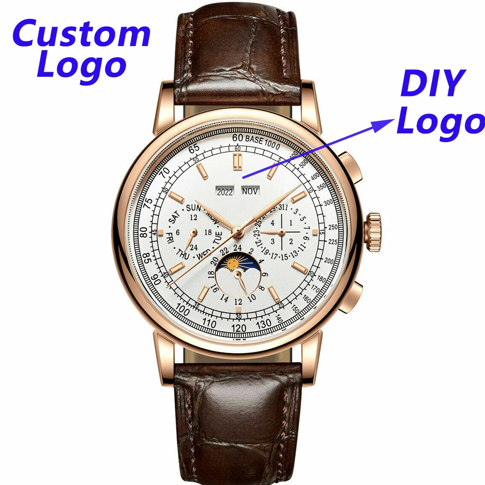 

Custom Logo 42MM Mens Watch Moon Phase Multifunction Year Day Week Leather Sport Automatic Male Clock Relogio Masculino