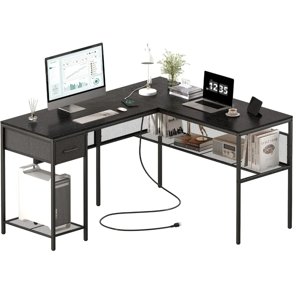 

Reversible Corner Desk With Grid Storage Bookshelf Table Computer Desks L Shaped Desk With Power Outlets Black Furniture Pliante