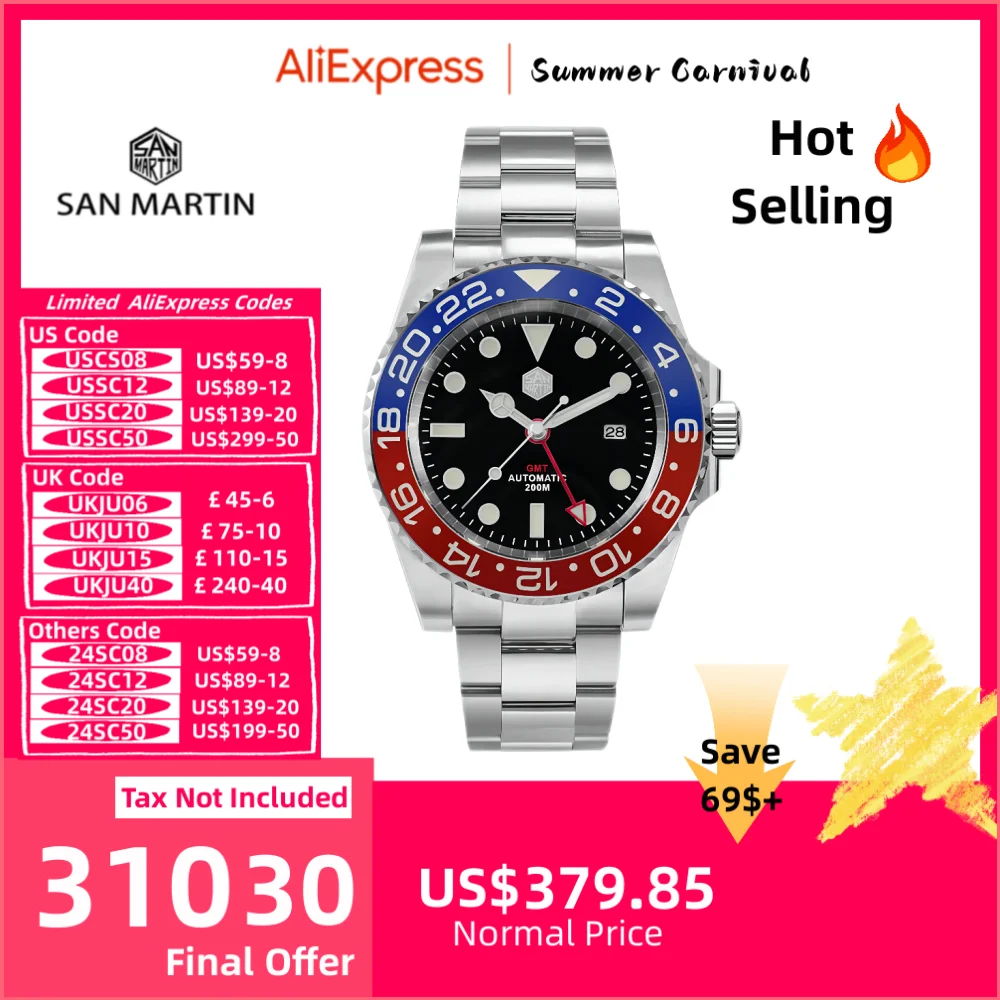 San Martin 남성용 GMT 자동 시계, 방수 다이버 손목시계, 럭셔리 사파이어 야광 날짜 시계, SN0016, 40.5mm
