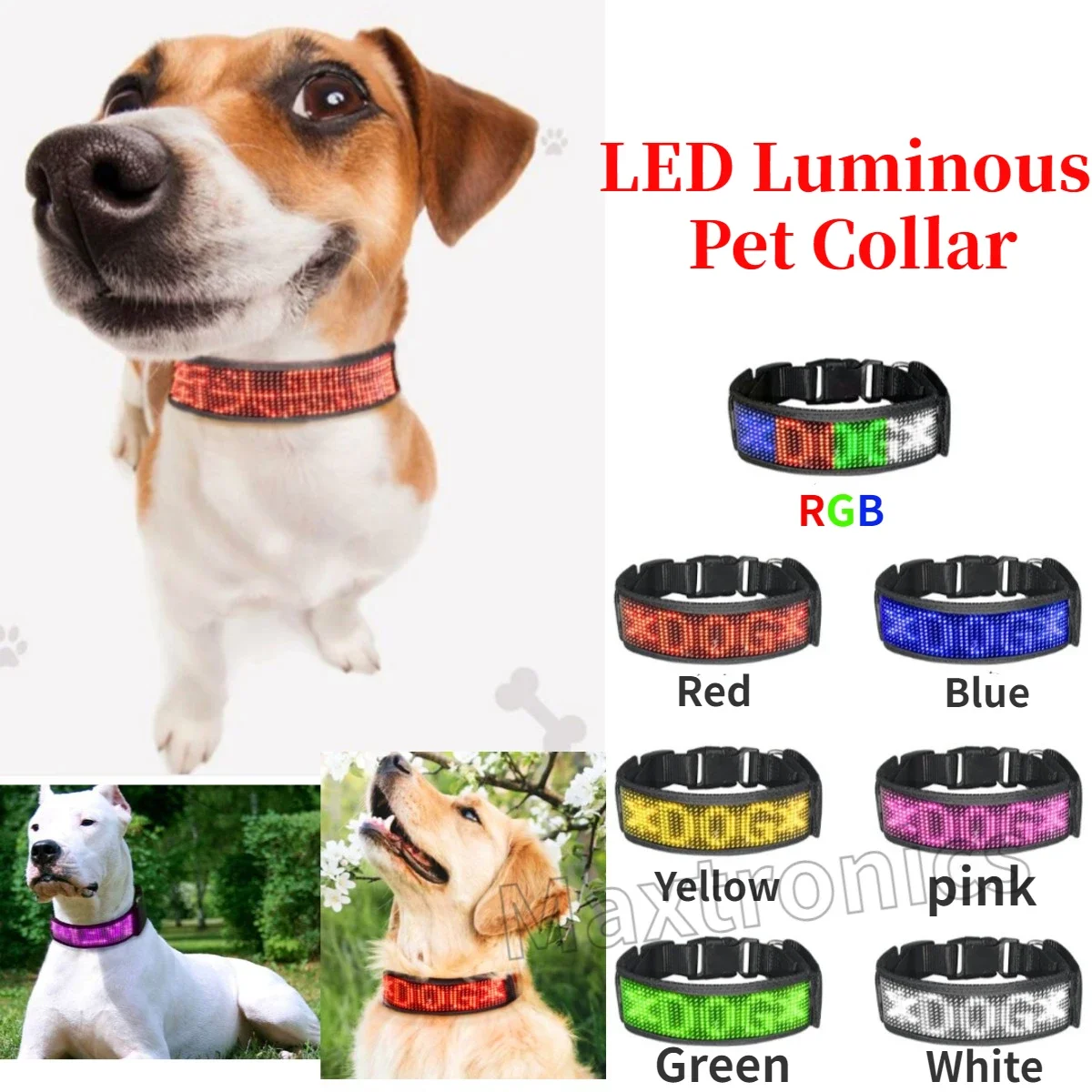 LED Pet Collar Adjustable Waterproof Luminous Light Up Safety Dog Accessories Collar Programmable App Bluetooth USB Rechargeable