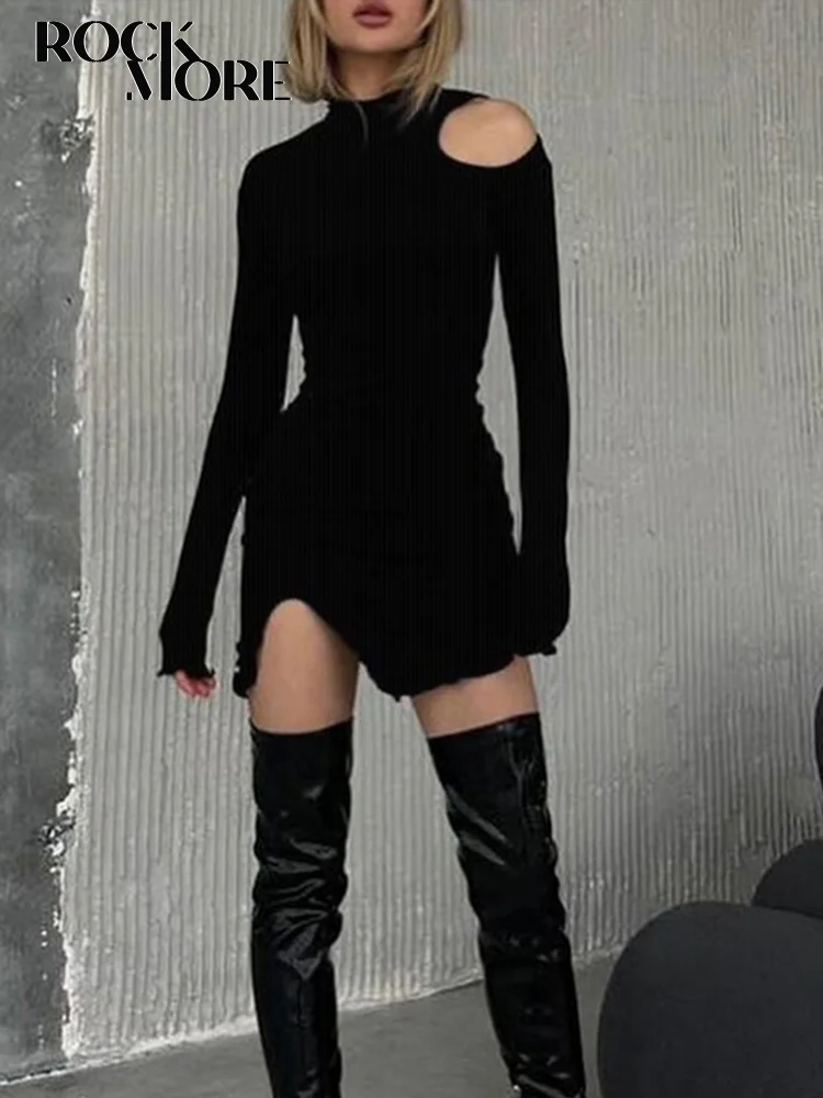 

Rockmore Irregular Cutout Knitted Mini Dresses Women Y2K Half high collar Bodycon Long Sleeve Mini Dress Streetwear Korean Style