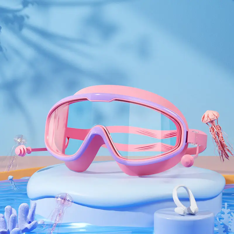 Summer high-definition anti fog and waterproof silicone earplugs with large frame for adult and children's swimming goggles