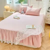 1PCS Pink Elegant Princess Bed Skirt Non-slip Mattress Cover Ruffled Lace Solid Color Bedsheet Protector Bedspread No Pillowcase 1