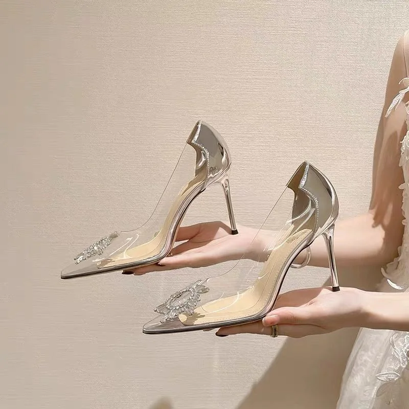 2022 Designer Heels Sandals Woman Summer Shoes Luxury Crystal Slippers Sexy Pointed Toe High Heels Dress Party Shoes Fashion New